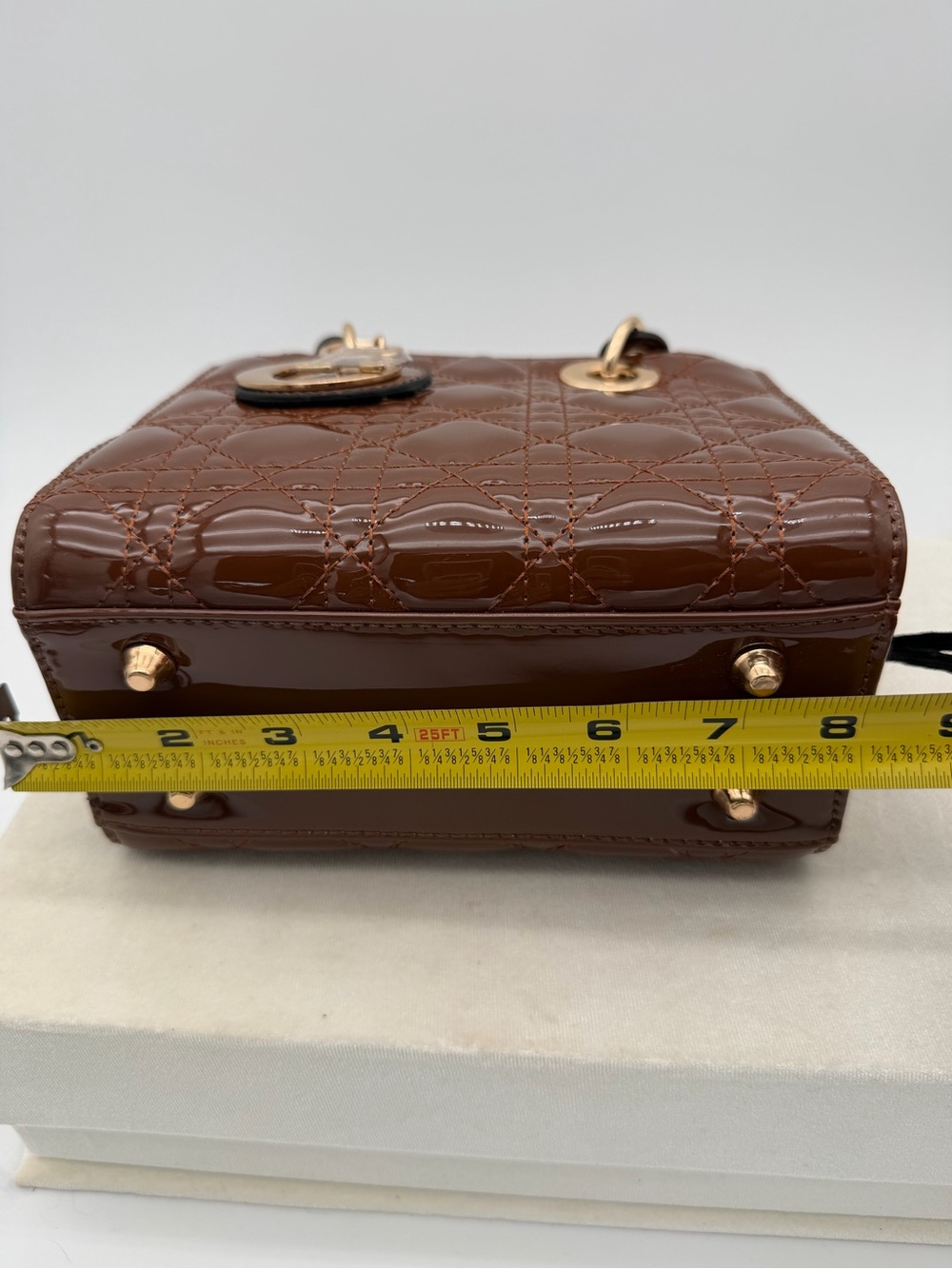 Beautiful, Brown Patent leather mini Bag with Gold Charm - Picture 13 of 15